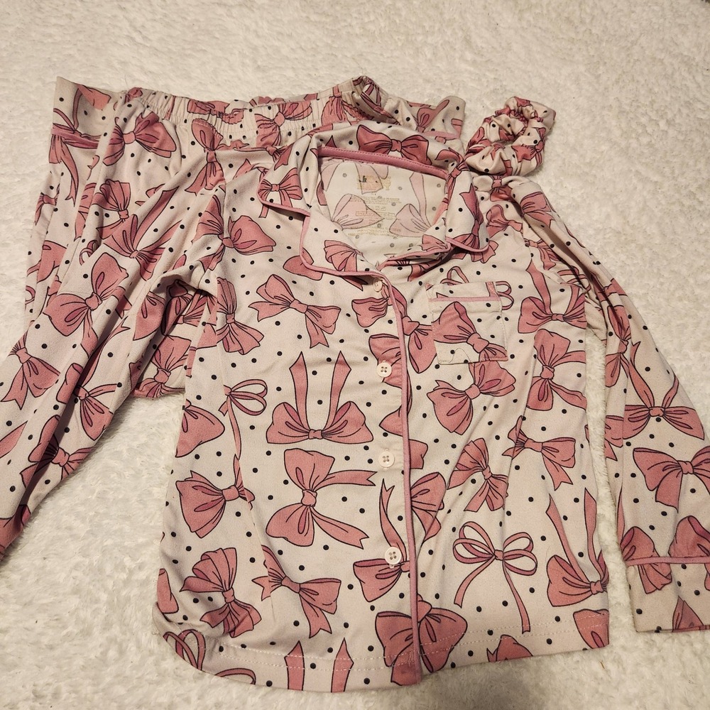 Choose‎ Happy Kids Pajamas Set Size 4 Pink Bows Polka Dot Long Sleeve